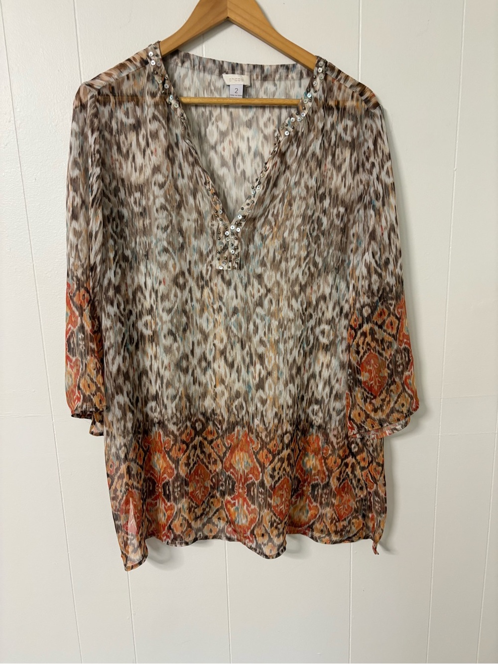 Chico's Brown & Orange Sheer Animal-Print Tunic with Sequin V-Neck